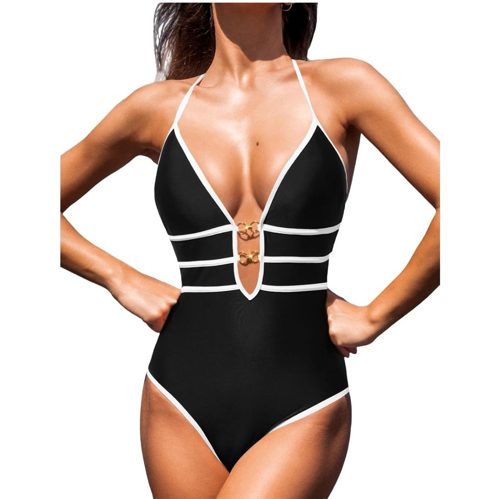 Cupshe Womens One Piece Swimsuit Medium Black Nylon Contrast Trim Halter Cutout